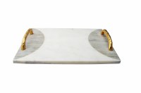 Challah Tray Two Tone Marble Designed with Gold Handles and Knife