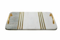 Challah Tray Two Tone Marble Designed with Gold Stripes, Handles and Knife