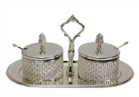 Decorative Relish Dishes Silver Plated with Glass Inserts Spoons and Tray