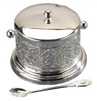 Decorative Dish Silver Plated with Smooth Cover Glass Insert and Spoon