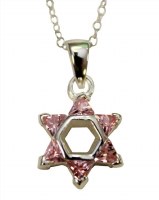 Silver Star of David with Pink Color Stones Necklace #MJB40PKCC
