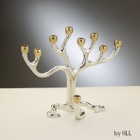 "Tree of Life" Candle Menorah - Medium, Silver Plated with Gold-Tone Cups