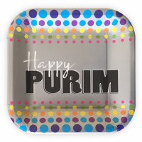Square Happy Purim Plates Colorful Dotted Design 10 Count