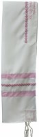 Tallis Viscose White Shawl Designed with Pink and Silver Accent Stripes 20" x 72"