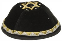 Kippah Black Velvet with Embroidered Gold and Silver Patterned Trim and Star of David on Top