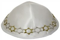 Kippah White Satin with Embroidered Gold and Silver Stars of David Trim