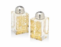 Crystal Salt and Pepper Shaker Set Jerusalem Scene Design Gold Plate