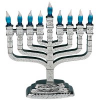 Electric Menorah The Knesset Silvertone Twelve Tribes with Blue Bulbs