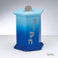 Blue Enameled Wood Tzedakah Box Hexagon Shape