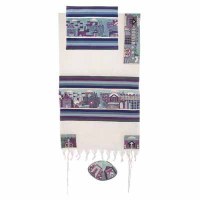 Yair Emanuel Embroidered Cotton Tallit -Jerusalem in Blue TFE-3 61" X 77"