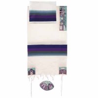 Yair Emanuel Embroidered Cotton Tallit Jerusalem Design Blue 21" x 77"