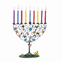 Candle Menorah Hand-Crafted Metal Tree with Colored Flowers