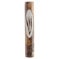 Mezuzah Case Brown Marble Contrasted with Oval Shin Design 15cm