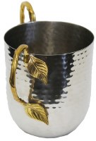 Hammered Wash Cup Stainless Steel With Gold Handles and Leaves