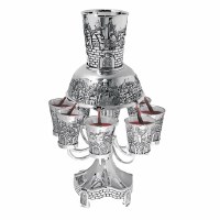 Karshi  Nickle Kiddush Wine Fountain with 8 cups Jerusalem Design