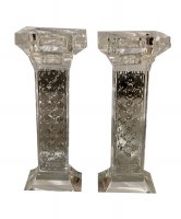 Crystal Candlesticks with Silver Engraved Plate Shabbos Kodesh and Pomegranate Design 6.5"