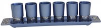 Liquor Set Including 6 Blue Cups and Tray Silver Colored Metal Cutout Design by Yair Emanuel