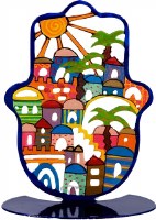 Yair Emanuel Standing Hamsa Hand Painted Colorful Jerusalem Design 6"