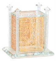 Crystal Tzedakah Box Adorned with Gold Colored Floral Cutout and Crushed Glass Poles