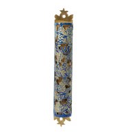 Yair Emanuel Laser Cut Hand Painted Mezuzah Case Large Pomegranates Blu