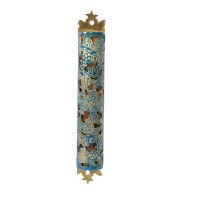 Yair Emanuel Laser Cut Hand Painted Mezuzah Case Large Pomegranates Turquoise