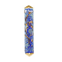 Yair Emanuel Laser Cut Hand Painted Mezuzah Case Large Flowers Blue