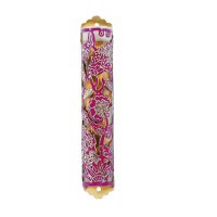 Yair Emanuel Laser Cut Hand Painted Mezuzah Case Large Flowers Maroon 12cm