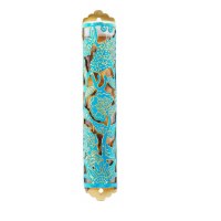 Yair Emanuel Laser Cut Hand Painted Mezuzah Case Large Flowers Turquoise