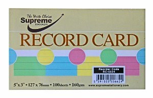RECORD CARDS 5X3 COLOURS 100PK