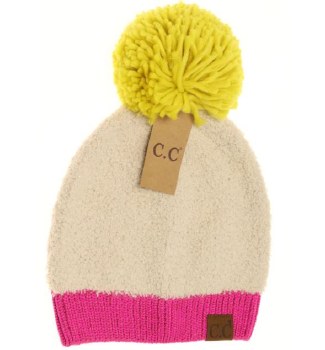 CC Color Block Knitted Sherpa Pom Beanie Hat - Beige
