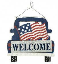Wooden Sign - Welcome Flag On Truck- 13"x 12"