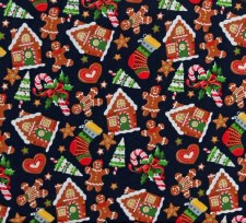 Holiday Gingerbread Men Houses Bolted Fabric - Metallic Blue