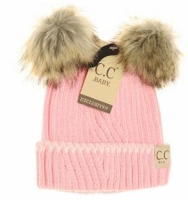 CC Baby Knit Hat w/ Double Poms - Pink & Ivory