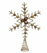 Plastic & Metal Star Tree Topper with Jingle Bells and Glitter - Gold Finish