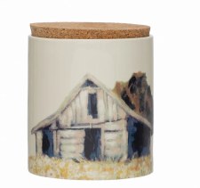Stoneware Canister With Farm Scene And Cork Lid, 4.75" Round x 5.75"H