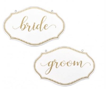 White And Gold Bride And Groom Chair Signs