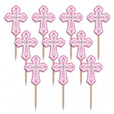 2.5" Pink Religious Party Picks - Wood with Paper Topper - 36ct