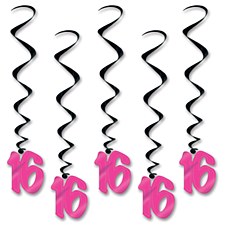 Black & Cerise 16th Birthday Whirls- 5CT