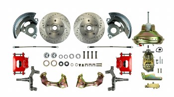 1967 1968 1969 Camaro 2&quot; Drop Power Front Wheel Disc Brake Conversion Kit with 11&quot; Brake Booster Master Cylinder &amp; 2 Red Calipers