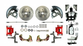 1967 1968 1969 Camaro 2&quot; Drop Power Front Wheel Disc Brake Conversion Kit with 8&quot; Dual Chrome Booster Master Cylinder &amp; 2 Red Calipers