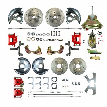 1967 1968 1969 Camaro Non-staggered 2&quot; Drop Power Front Wheel Disc Brake Conversion Kit 11&quot; Booster Spindles &amp; 4 Red Calipers