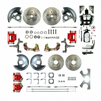 1967 1968 1969 Camaro Non-staggered 2" Drop Power Front Wheel Disc Brake Conversion Kit 8" Chrome Booster Spindles &amp; 4 Red Calipers