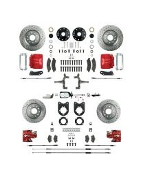 1967 Camaro Non-staggered 2" Drop Manual 4 Wheel Disc Brake Conversion Kit Chrome Master Cylinder Spindles &amp; 4 Red Calipers