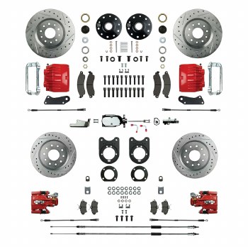 1968 1969 Camaro 2" Drop Manual Big 4 Wheel Disc Brake Conversion Kit Chrome Master Cylinder Twin Pistons Red Calipers &amp; Stainless Steel Hoses