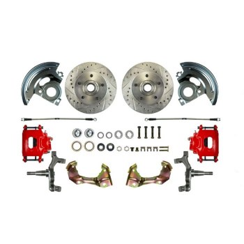 1967 1968 1969 Camaro Front Wheel Disc Brake Conversion Kit 2 Red Coated Calipers Drilled Slotted Rotors &amp; Spindles