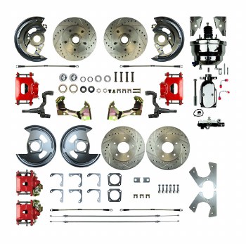 1964-1972 Chevelle Non-Staggered Power Front Wheel Disc Brake Conversion Kit 8&quot; Chrome Booster Master Cylinder &amp; 4 Red  Calipers