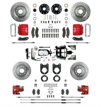 1964-1972 Chevelle Power 4 Big Wheel Disc Brake Conversion Kit with Chrome Booster &amp; 4 Red Twin Piston Calipers