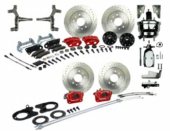 1964-1972 Chevelle 2&quot; Drop Power 4 Big Wheel Disc Brake Conversionl Kit with Chrome Booster &amp; 4 Red Twin Piston Calipers