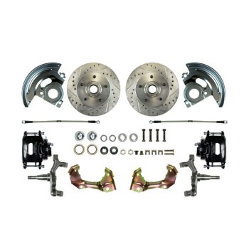 1964-1972 Chevelle Non-Staggered 2&quot; Drop Manual 4 Wheel Disc Brake Conversion Kit Chrome Master Cylinder Spindles &amp; 4 Black Calipers