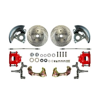 1964-1972 Chevelle Front Wheel Disc Brake Kit 2 Black Coated Calipers Drilled Slotted Rotors &amp; Spindles